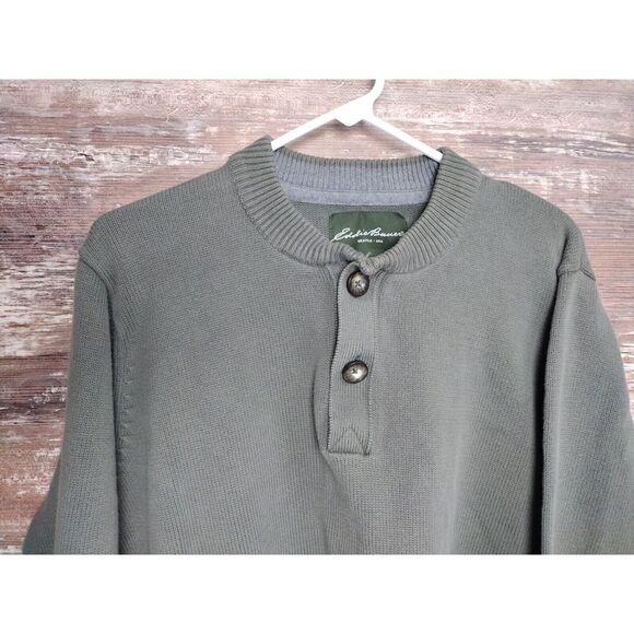 Vintage Eddie Bauer Sweater Size XL Green 1/4 Button Up Knit Combed Cotton USA - Picture 2 of 9